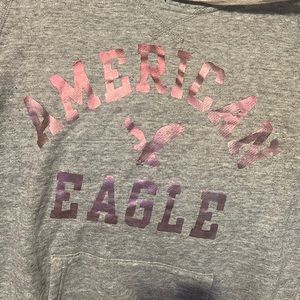 American Eagle hoodie grey w pink foil lettering sz. M no holes gently worn